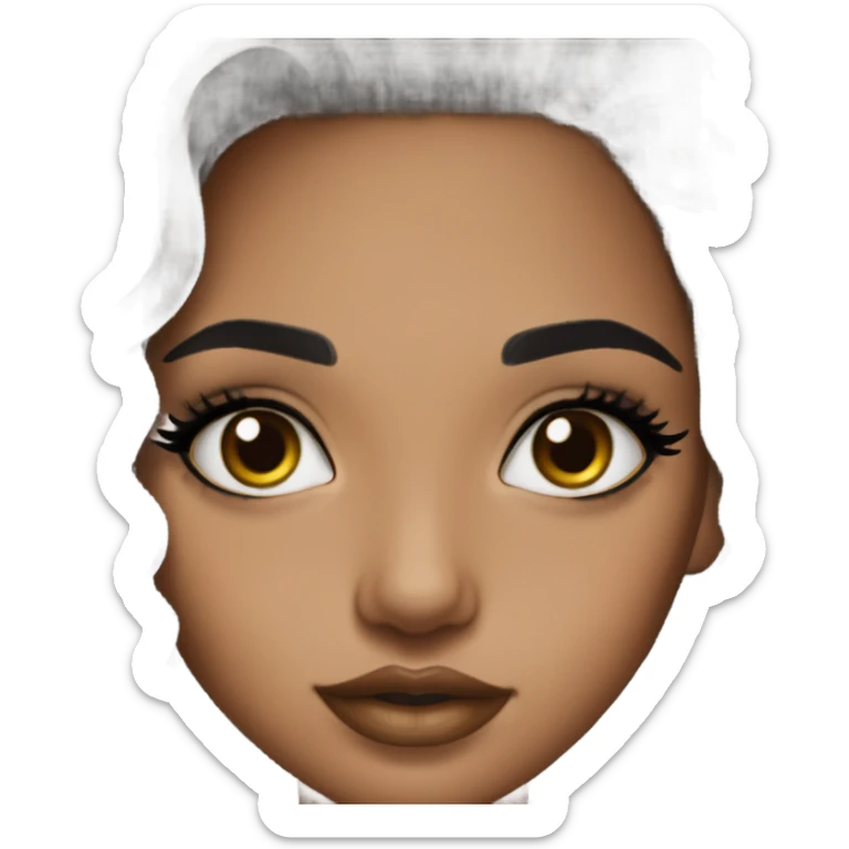 girl with black hair, olive skin, lashes and eyeliner full face of makeup, brown lip liner, black shirt sticker