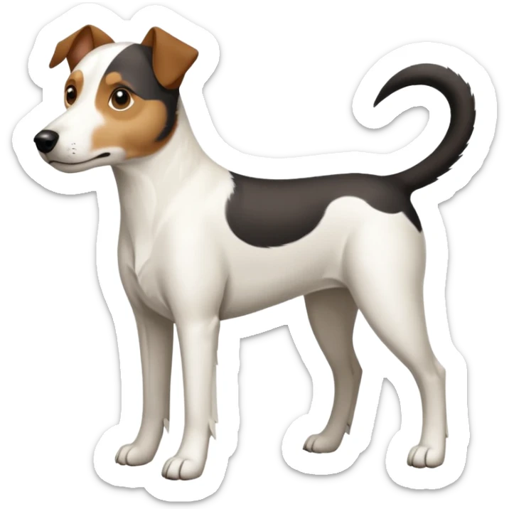 a full body large white parson russell looking dog the size of a kelpie with light brown ears and a light brown patch on one eye and a large snout sticker