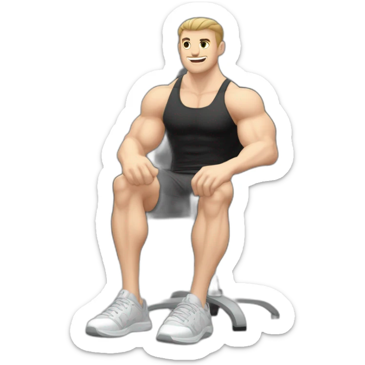 Pale skinned Fit Man With the biceps and dark brown hair in black shirt, gray sports shorts and white Sneakers Sitting on a chair sticker