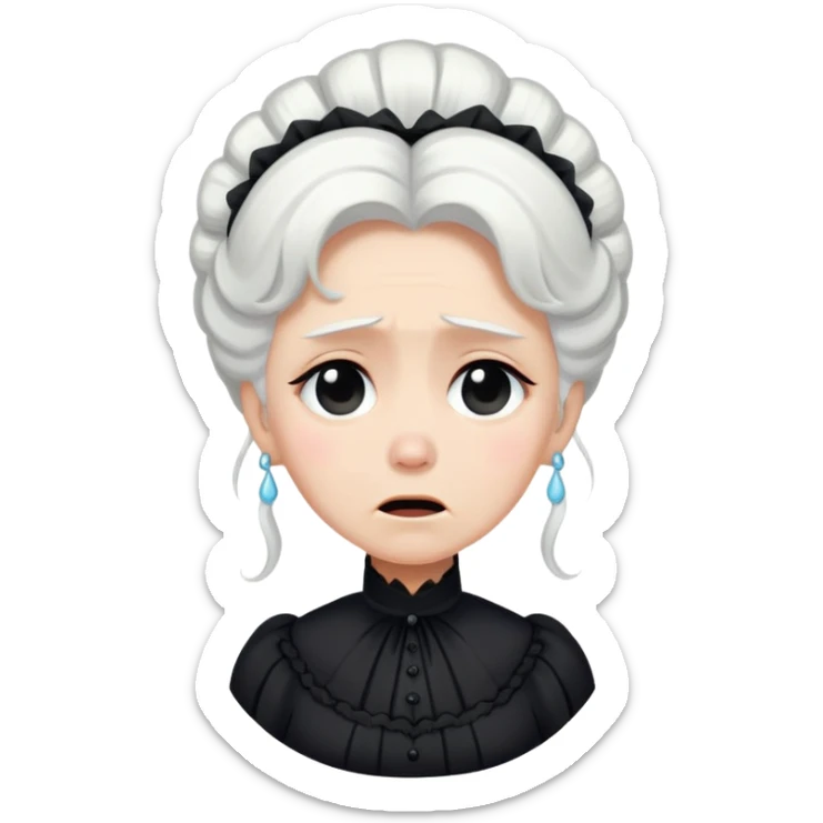 A Victorian woman with coiffed white hair wearing a modest black mourning dress sobbing with tears streaming down her face sticker