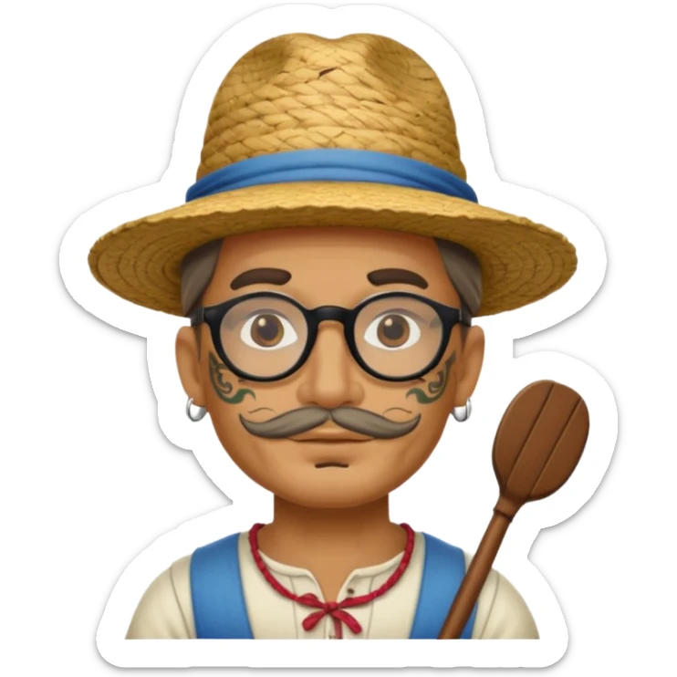 very tattoed face, normal glassess, fat venice gondolier with iconic hat and thick hair sticker