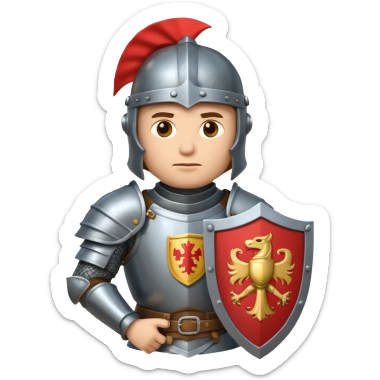 An emoji portrait of a medieval knight. He wears a suit of armor with a stylized helmet. His expression is serious and determined, and he holds a shield with a family crest. sticker