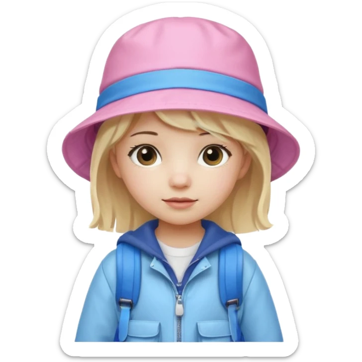 A little girl student white skin, blonde hair, with pink bucket hat, white jacket, blue backpack sticker
