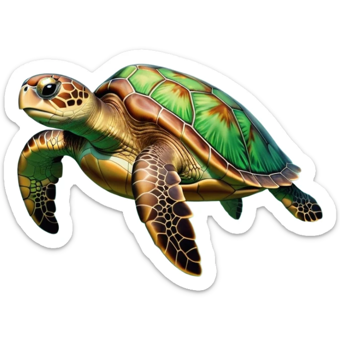 cinematic-sea-turtle-realistic-full-body-swimming-emoji,-graceful-streamlined-body-gliding-through-crystal-clear-waters,-large-flippers-moving-in-fluid-motion,-smooth-green-and-brown-patterned-shell-glowing-in-the-sunlight,-gentle-dark-eyes-filled-with-deep-wisdom,-bubbles-trailing-in-its-wake,-simplified-yet-realistic-focused-features,-highly-detailed,-glowing-with-an-oceanic-serene-light sticker