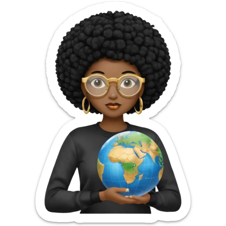a young woman wearing gold round glasses and black afro hair, she has light black skin, she's wearing a professional sweater and she's holding a globe in her hand sticker
