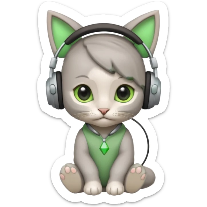 a small little grey kitten sitting on a seat and wearing headphones and there is a green rhombus over her head sticker