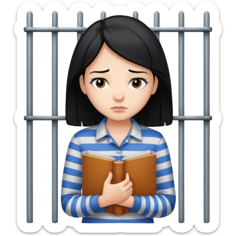 girl with black hair behind bars holding a book, casual shirt top sticker