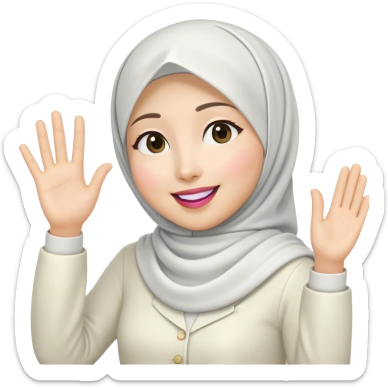 Asian white woman hijab, her hijab color is white, her face is small oval, her face is firm, her lips are pink, her eyes is shining, her face looks happy and excited, her eyes are also smiling, her outfit color is white. Generate emoji that show full body and her left hand is waving to the left sticker