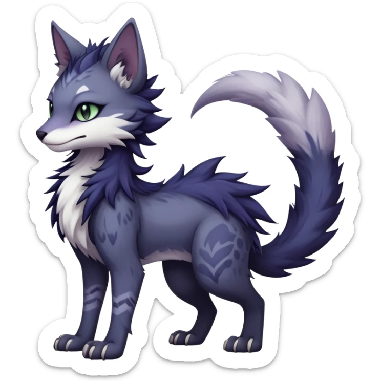 Kawaii dark edgy gloomy dusky dull-colored fantasy ethereal feline-vernid-sergal-fursona animal creature with a tufted tail full body with intricate markings  sticker