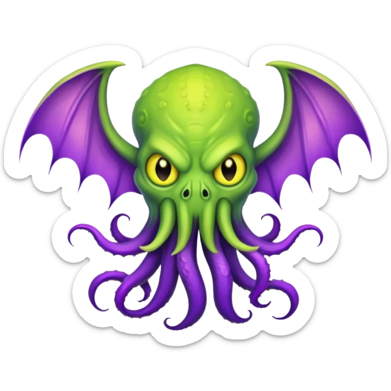 light green Cthulhu with purple bat wings and purple gradient tentacles. Yellow angry eyes sticker