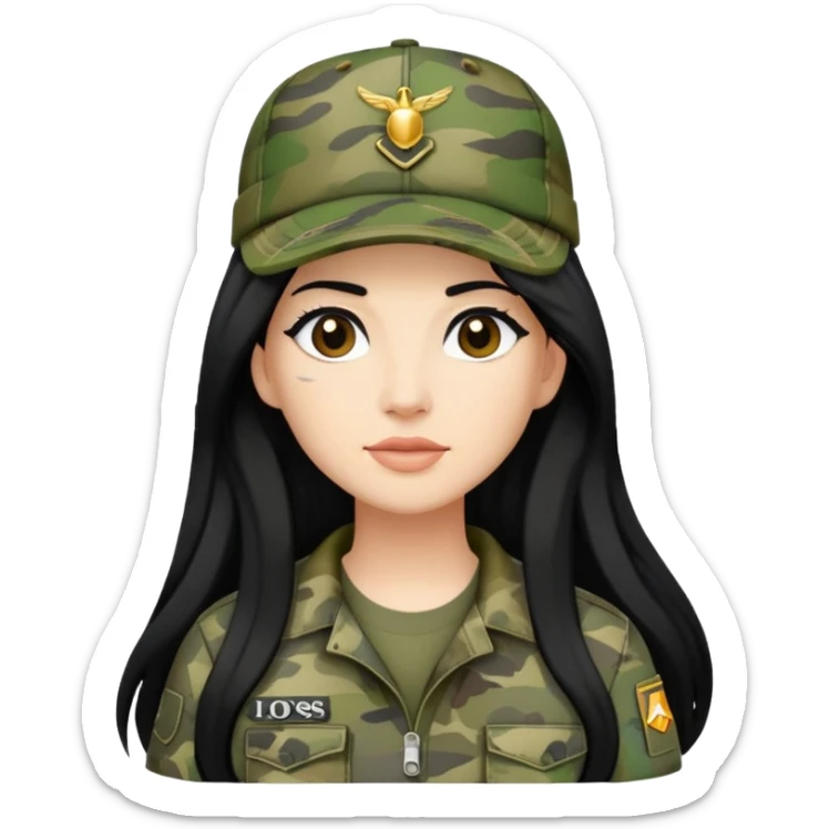 cartoon woman with long black hair wearing camo clothes and ian charms cap sticker
