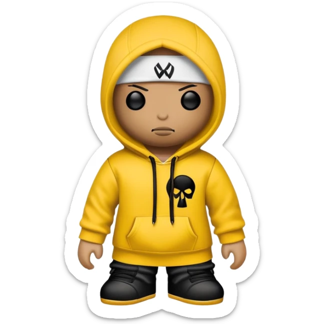 voodoo doll wearing wu-tang clan yellow and black hoodie with W logo sticker