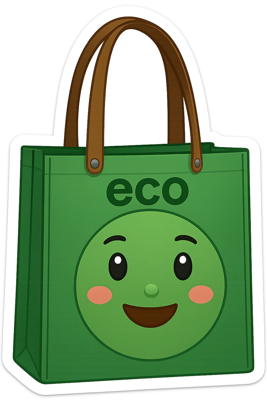 Add the word 'eco' as a logo to the bag, make the bag green, in the style of apple emojis with no background (transparent). The style is apple emoji style, concise and clean. sticker