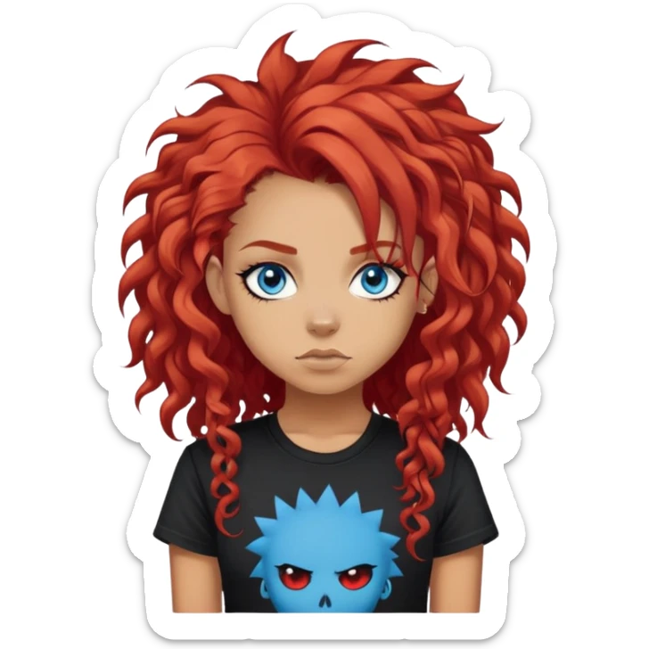 punk-girl with long curly red hair and blue eyes, in a black punk t-shirt sticker