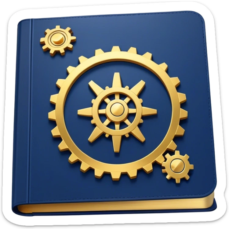 A navy blue book with gold details, metallic edges, and a golden gear with a chart with upward trend on the cover, radiating productivity, strategy, and success in motion- sticker