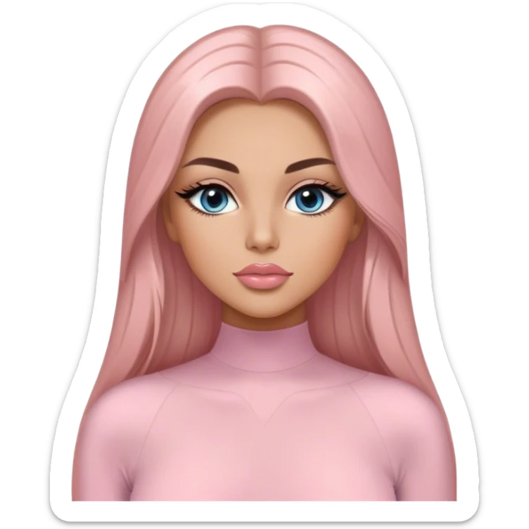 Glamours, tanned, very beautiful girl, with big pump peach-beige-rose lips, long long lashes, black straight smooth silky long hair, straight parting hair, blue-grey eyes in light pink long-sleeves bodysuit sticker