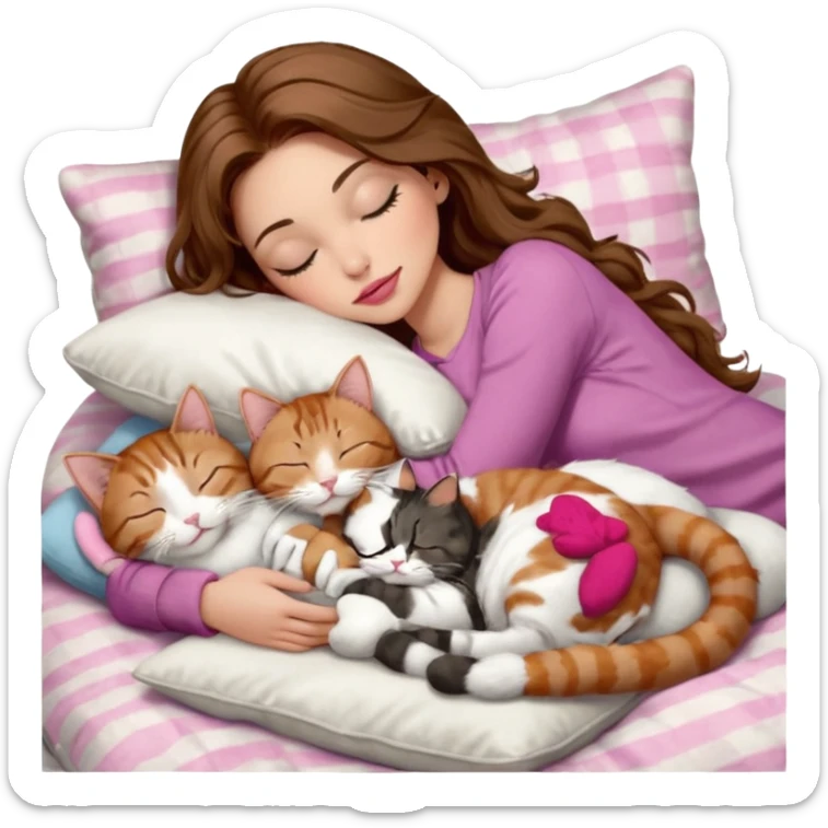 girl with long wavy brown hair, brown eyes, long lashes makeup, sexy pink lips, light to medium complexion,  sleeping on a cozy pillow, with 6 cats: 1 brown and white tabby cat, 1 ginger and white, 2 grey and white, 1 grey with white mittens and small white patch on chest and 1 calico, sleeping sticker