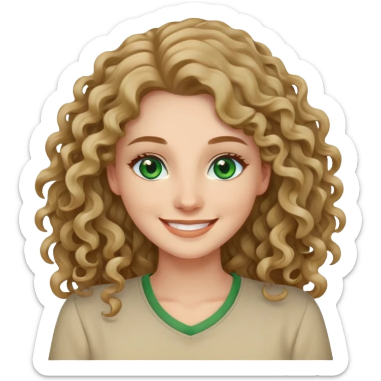 Woman smiling with green eyes and wearing beige shirt and long curly hair sticker