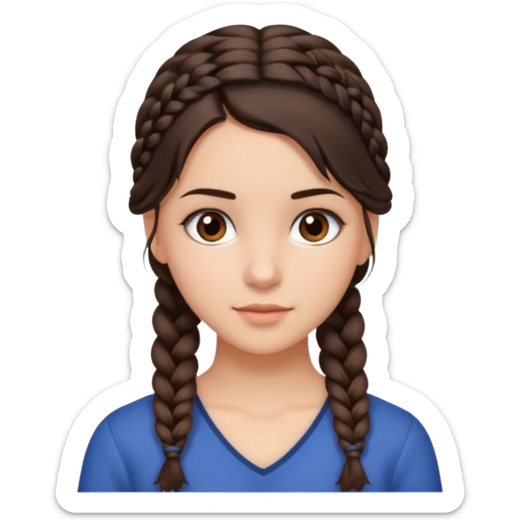 Draw me a brunette girl, with medium-length hair, dark brown eyes, and a side braid sticker