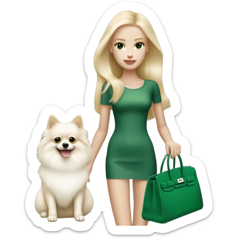 Blonde skinny girl with green eyes and pale skin with white pomeranian and Hermes birkin bag sticker