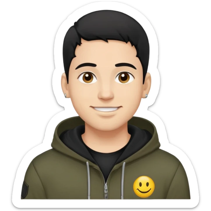 man with smiley face, black hair military cut, brown eyes, wearing 2 circle earrings and a black hoodie sticker