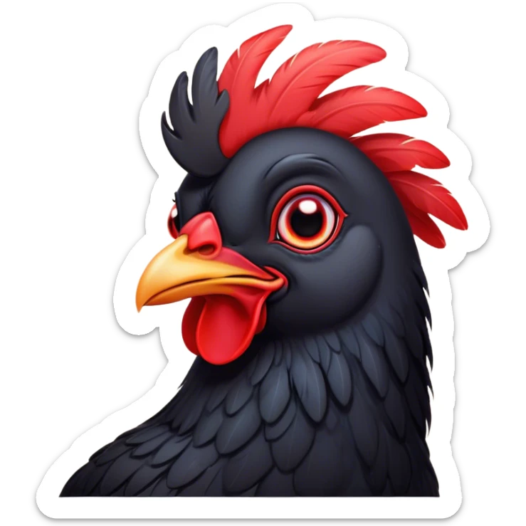 Cinematic Cute Black Chicken Portrait Emoji, Head tilted playfully and inquisitively, featuring sleek, lustrous black feathers and a vibrant red comb, round, sparkling beady eyes filled with curiosity, Simplified yet irresistibly adorable features, highly detailed, glowing with a warm, friendly glow, high shine, affectionate and lively, stylized with a touch of whimsical charm, bright and endearing, soft glowing outline, capturing the essence of a mischievous yet loving chicken, so playful it feels like it could peck out of the screen and into your arms! sticker