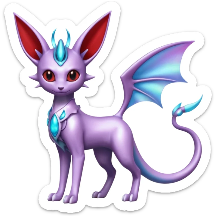 Mechanical Silvery Iridescent Miraidon-Espeon-Mewtwo-Vaporeon-Fakémon-hybrid-creature (full body)  with red eyes and intricate markings sticker