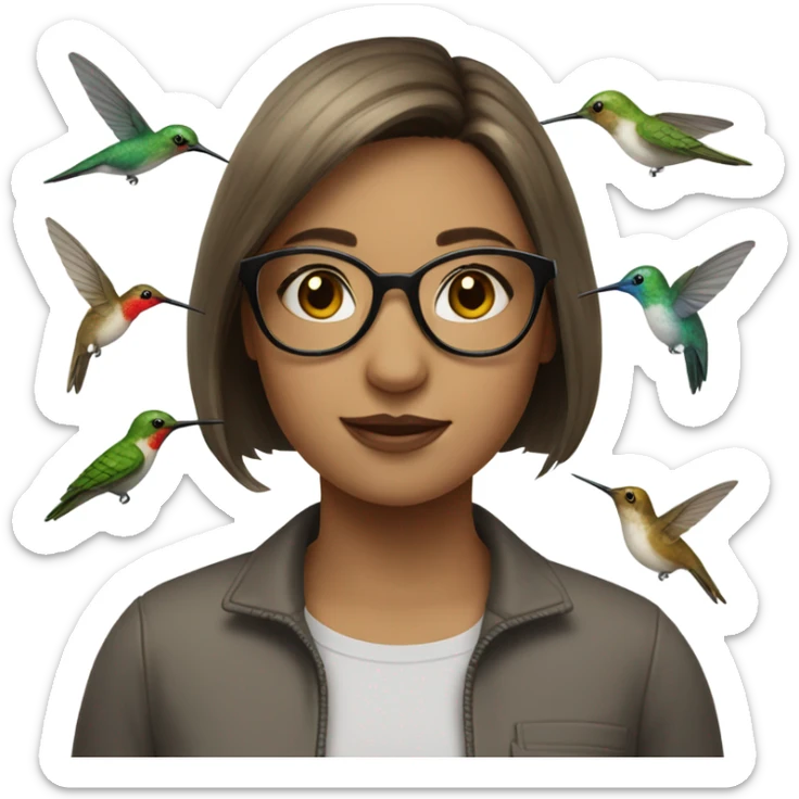 Girl pale , brunette, with short hair, wearing glasses with a hummingbird next to her sticker