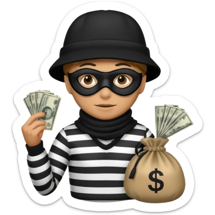 A emoji of a person wearing a black and white robber outfit and a black winter hat and a black mask and a Money Bag sticker