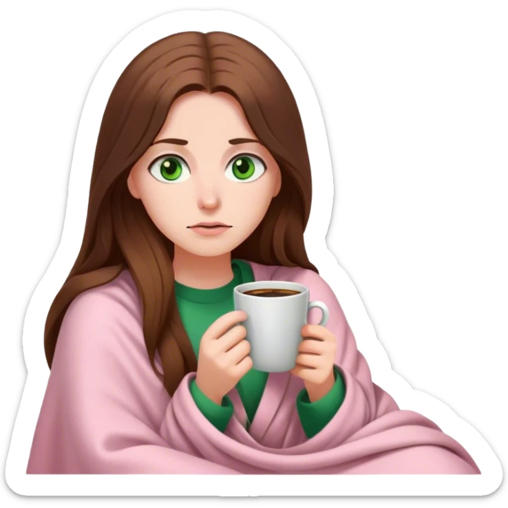 woman with very long brown hair and green eyes in a light pink blanket tired with coffee sticker