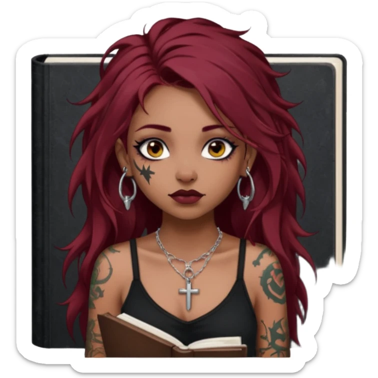 generate an ios genmoji of a dusky girl with long dark red messy hair with eyeliner on her eyes. septum piercing, wearing a cami black top, has tattoos, on shoulders. ear piercings. wearing a cross silver necklace. carrying a lot of sketchbooks


no tattoos on face sticker