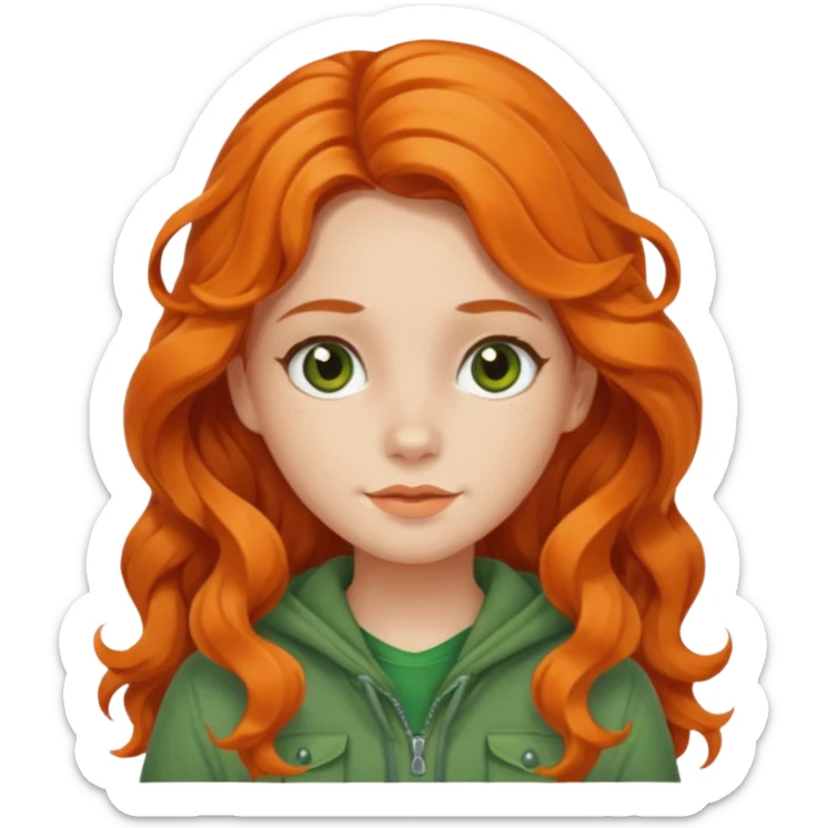 orange wavy long hair girl with wearing green cottage core clothes sticker