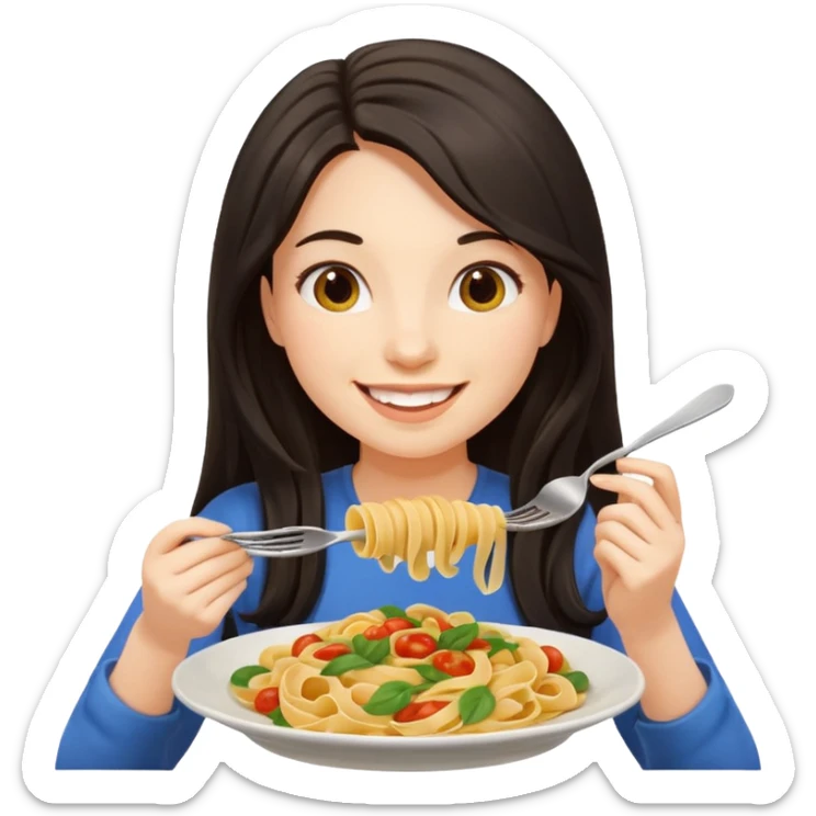 chica joven con piel clara y pelo oscuro largo comiendo un plato de pasta que parezca un emoji de iphone (sistema ios) sticker