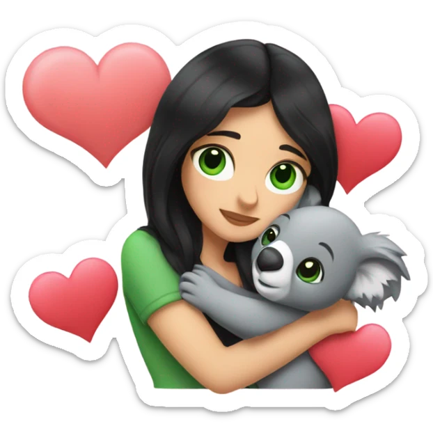 black hair with green eyes women holding and hugging a koala with hearts around them  sticker