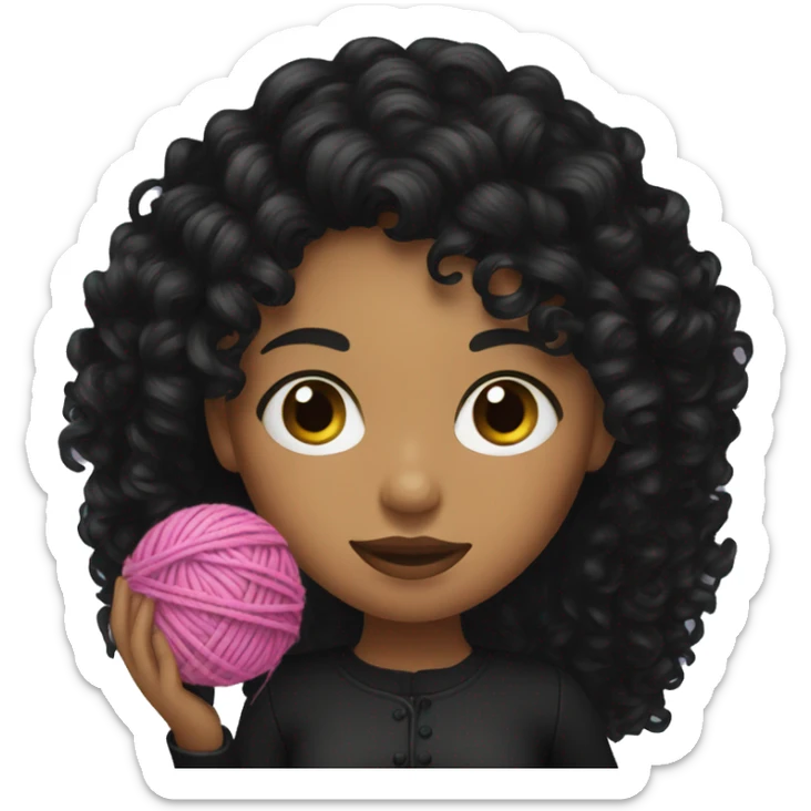 woman with long black curly hair holding one ball of yarn wearing black clothes sticker