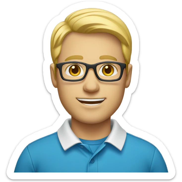 male teacher with blond hair, glasses and a blue polo shirt sticker