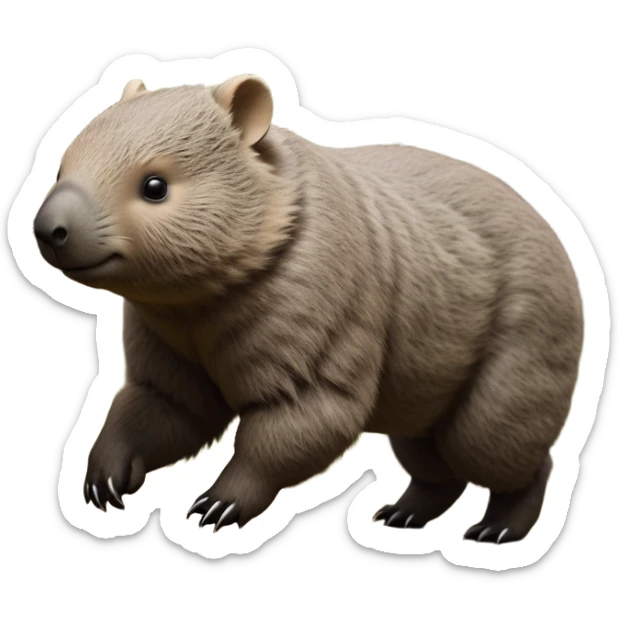 cinematic-stout wombat-realistic-fluffy full-body-waddling-emoji,-stout-muscular-frame-covered-in-coarse-brown-fur,-short-powerful-legs-trotting-determinedly-through-bushland,-round-dark-eyes-filled-with-calm-confidence,-tiny-rounded-ears-twitching-slightly,-strong-digging-claws-visible-on-sturdy-paws,-simplified-yet-realistic-focused-features,-highly-detailed,-glowing-with-a-subtle-earthy-glow sticker