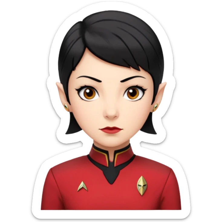 female Vulcan with short black hair and small pointy ears in Starfleet red uniform (Star Trek) no green face sticker