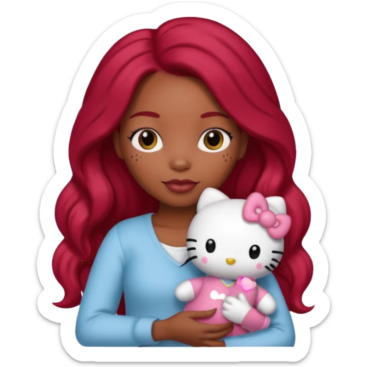 black woman with long brown and red hair, holding a hello kitty plushie  sticker