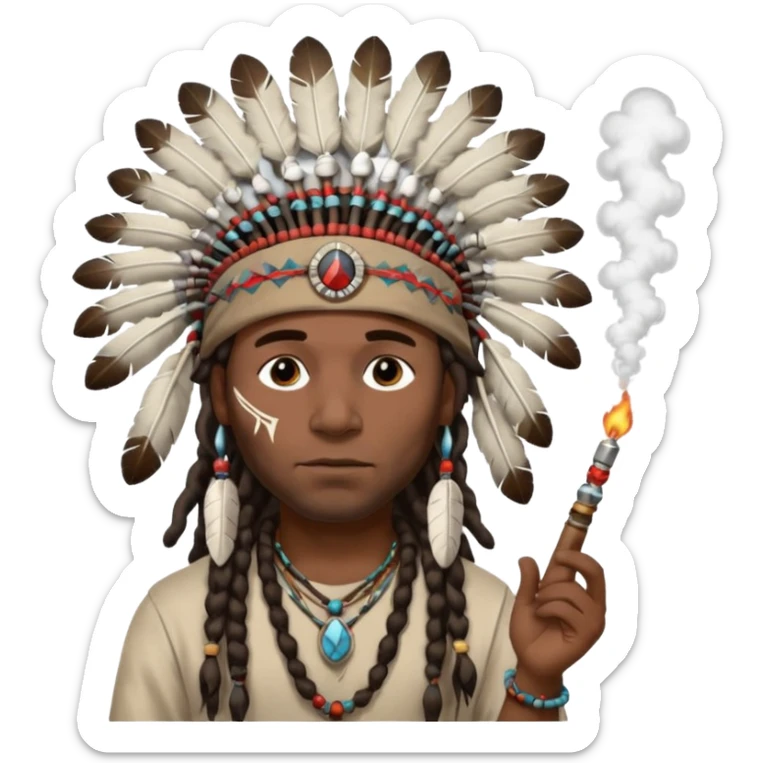 Black American man dark brown with dreads with a American Indian headdress with a peace pipe blowing smoke  sticker