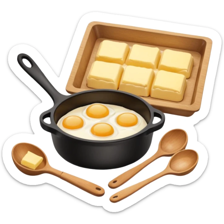 A carton of eggs, butter and a cream ceramic baking bowl with a wooden spoon in it sticker