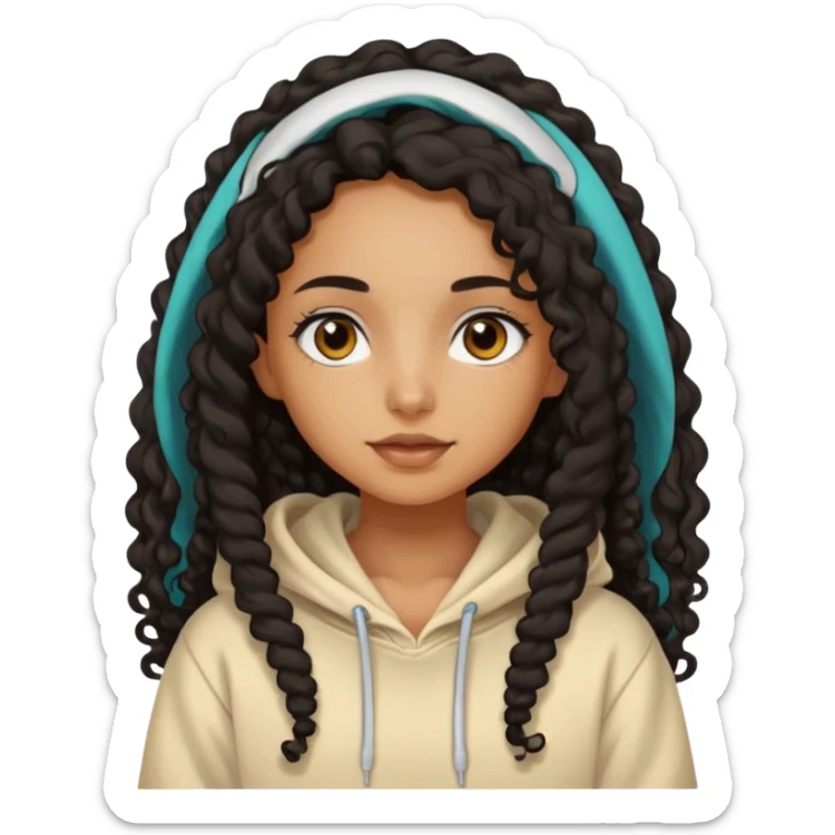 Tan skin girl with black very long curly hair, brown eyes, vanilla colored hoodie sticker