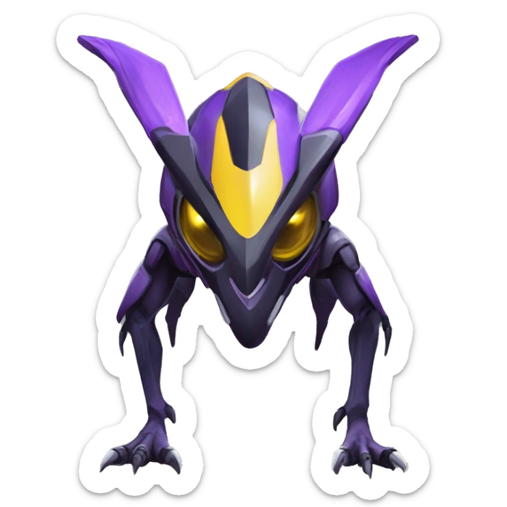 a shiny black-purple-yellow Genesect-Raptor-Fakémon—hybrid with a futuristic visor-helmet full bod sticker
