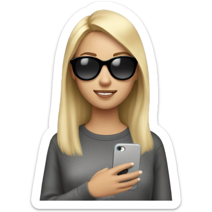 A girl with blonde hair, wearing round black sunglasses and a gray sweatshirt holds an iPhone in her hands sticker