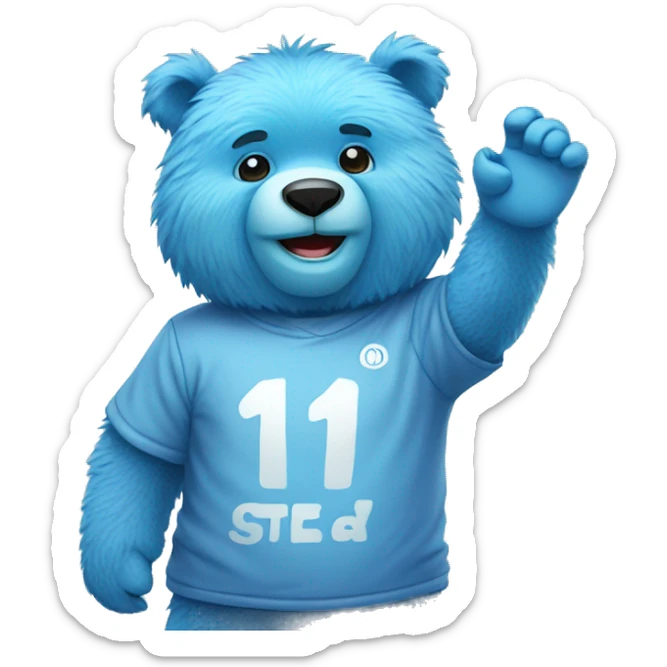 Blue fuzzy bear wearing a cool shirt and saying hi and waving  sticker