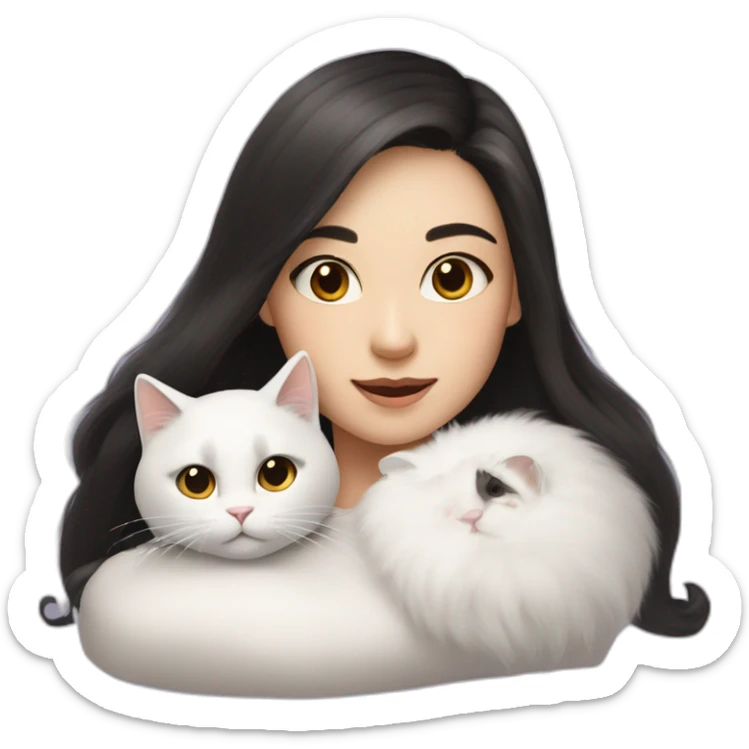 A girl with long dark hair and a white fluffy cat is lying on her left shoulder and neck sticker