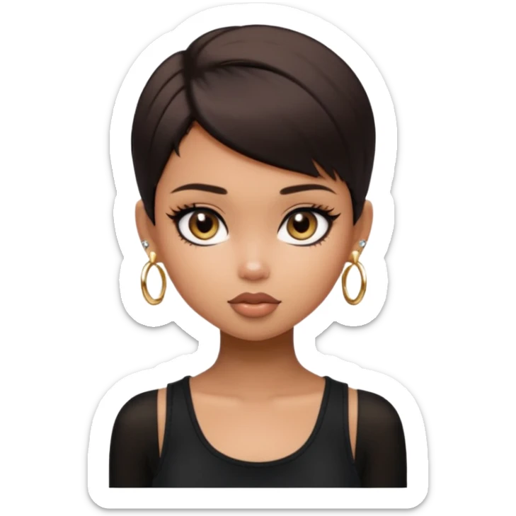 generate a pretty bratz girl in black cami top, dark brown straight short hair, eyeliner on. dark brown eyes. Wearing a white sleeveless turtleneck, gold stud earrings sticker