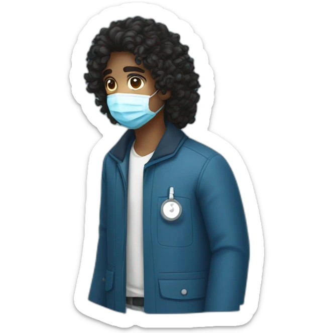 A dark young man with long curly hair, wearing a blue jacket and a medical mask sticker