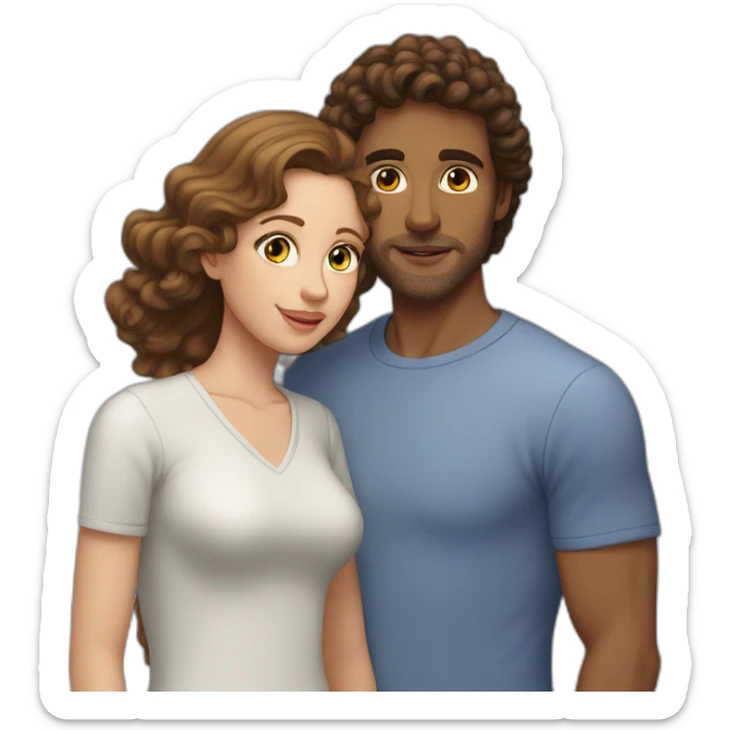 A 1m52 white woman with straight, shoulder-length brown hair kissing a 1m80 tanned man with curly brown hair sticker