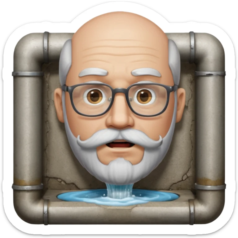 50 year old bearded and moustached white male wearing glasses with an open mouth. His mouth has been cast into a square frame made of concrete connected to a drain pipe. He is proud and thinks his right, while being slightly angry because the joke is on him. sticker